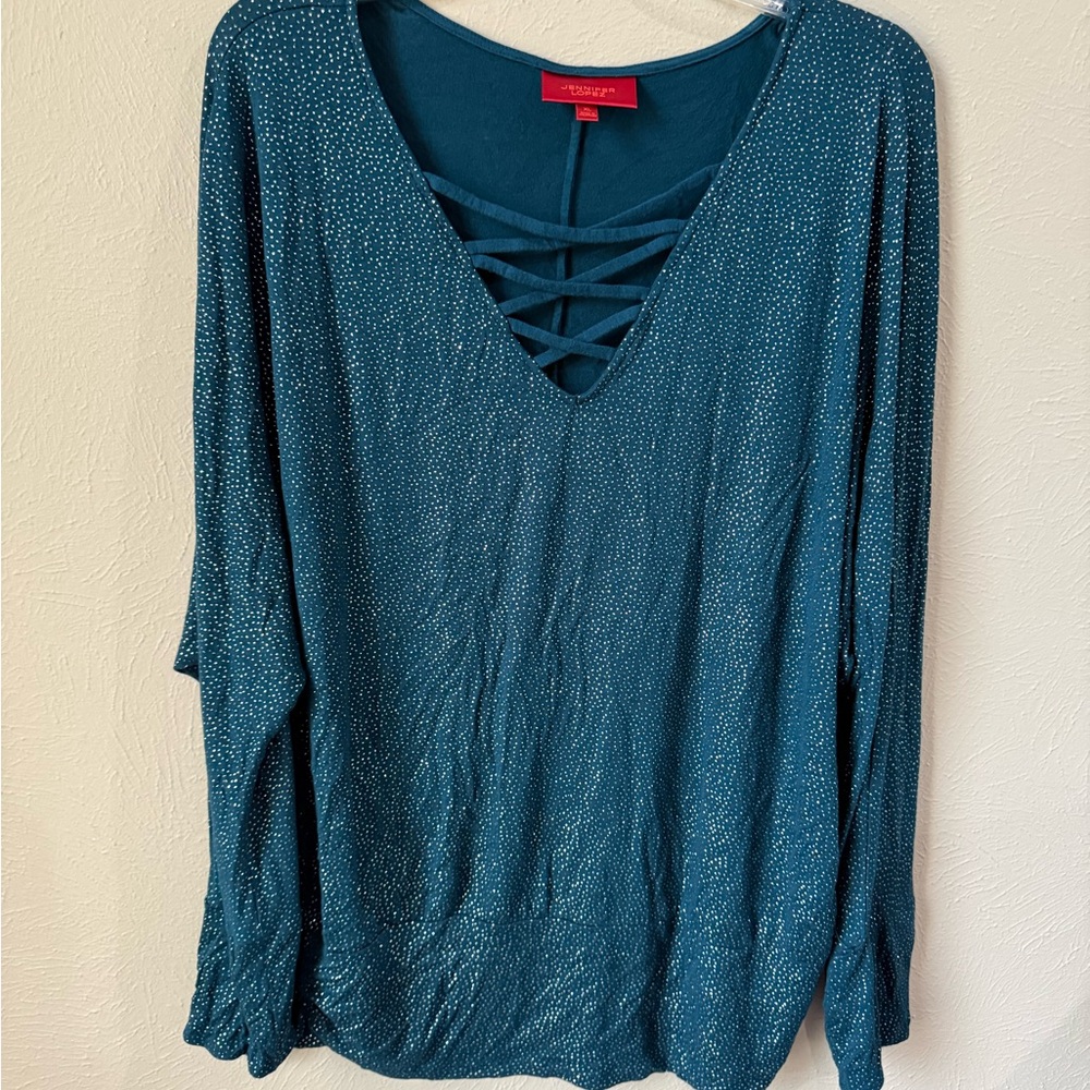 Jennifer Lopez Blue Relaxed Cut Out 3/4 Sleeve Blouse